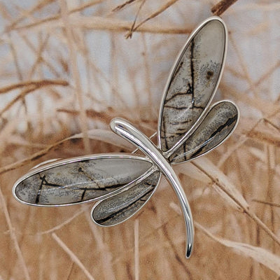 Sterling Silver Paintbrush Agate Dragonfly Pendant and Pin