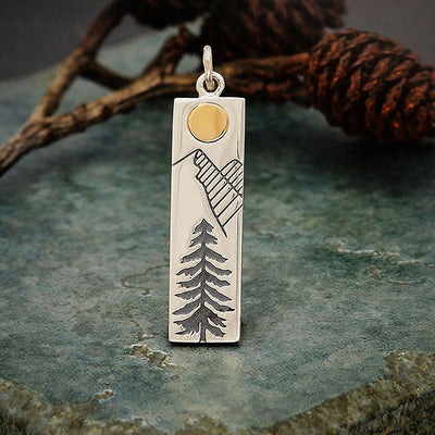 Sterling Silver Pine Tree with Mountain and Sun Pendant